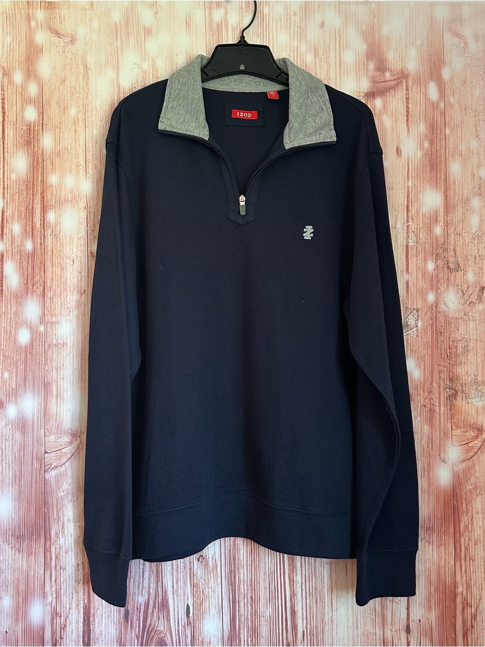 IZOD Navy Blue 1/4 Zip Pullover Gray Contrast Trim Knit Sweater Size M